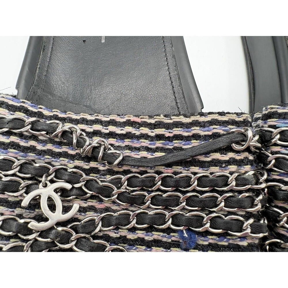 Chanel Black Tweed Tropiconic Chain Flat Slides Sandals Pink & Blue Accent EU 38 - Picture 7 of 11